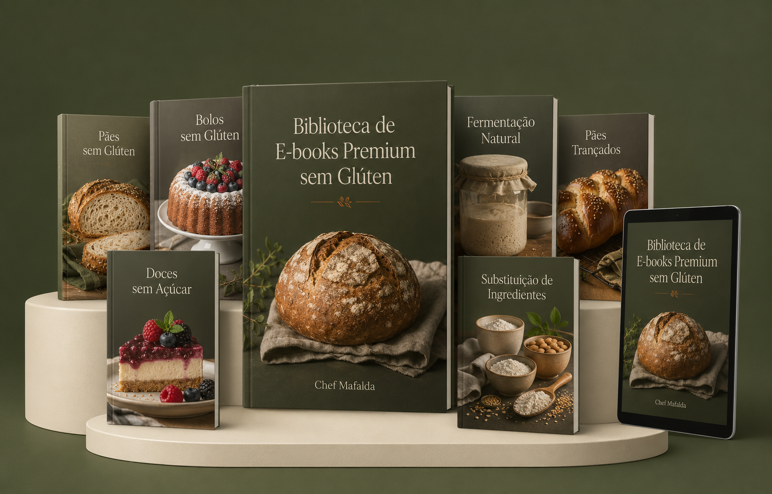 Mockup moderno da Biblioteca de E-books Premium sem Glúten da Chef Mafalda
